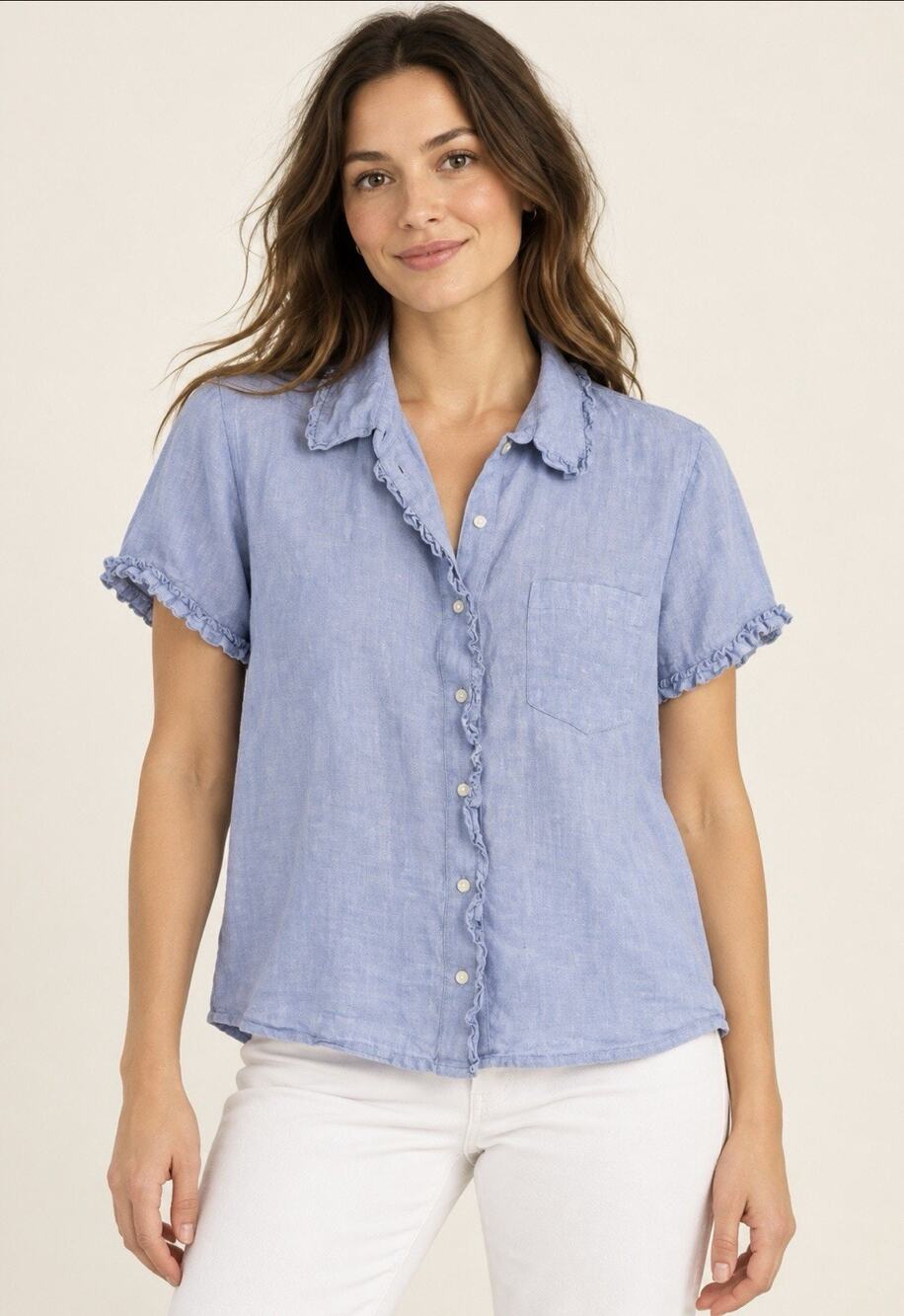 J.Crew Women’s Large Blue 100% Linen Cropped Ruffle Trim Button Front Blouse